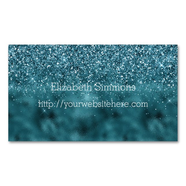 Teal Glam Glitzy Glitter Magnetic Business Card (Front)