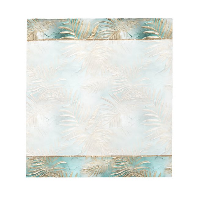 Teal Glam Gold White Tropical Leaves Notepad (Front)
