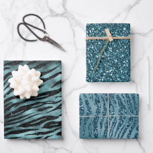 Teal Glam Zebra Glitter Wrapping Paper Sheet