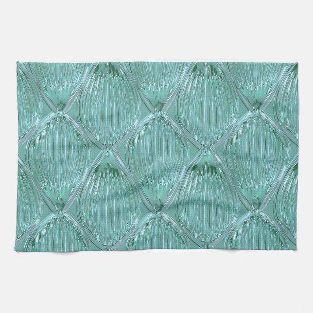 Teal glass look abstract pattern elegant blue kitchen towel (Horizontal)