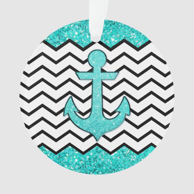 Teal glitter anchor and chevron ornament (Front)