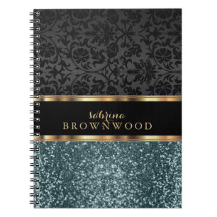 Teal Glitter and Black Damask Notebook