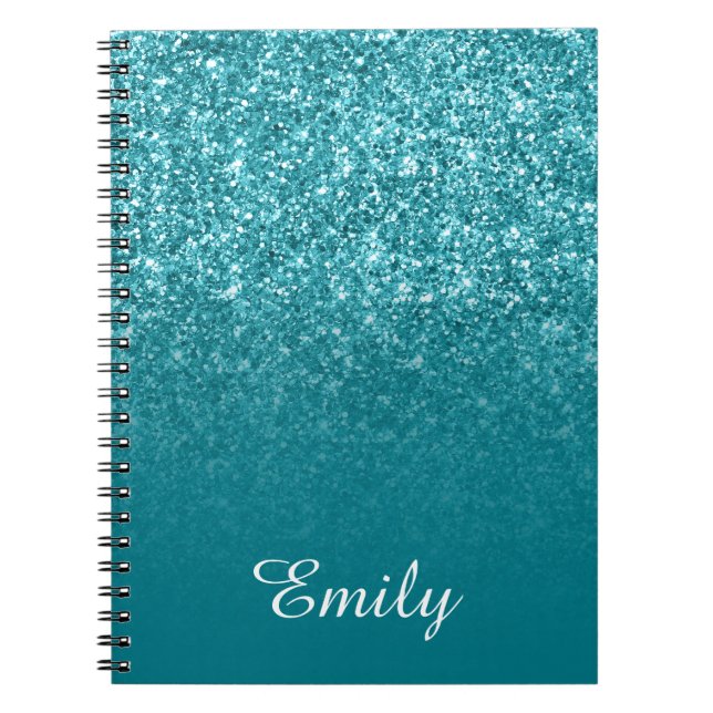 Teal Glitter and Ombre Personalized Notebook (Front)