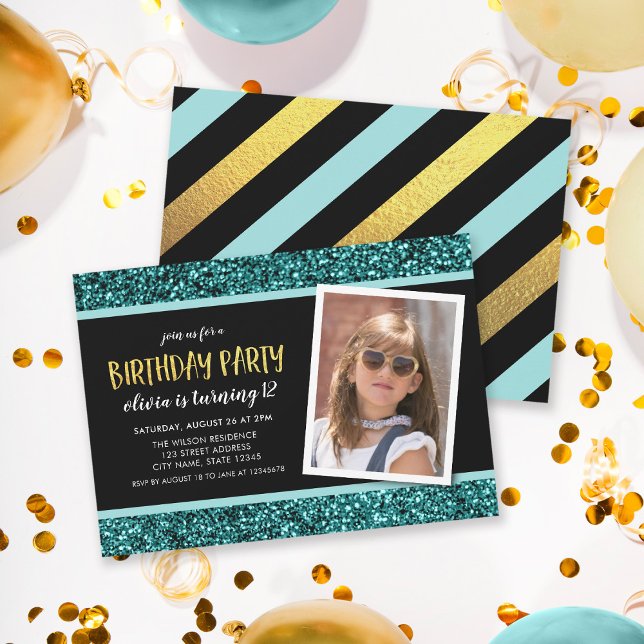 Teal Glitter Any Age Photo Birthday Invitation (Creator Uploaded)