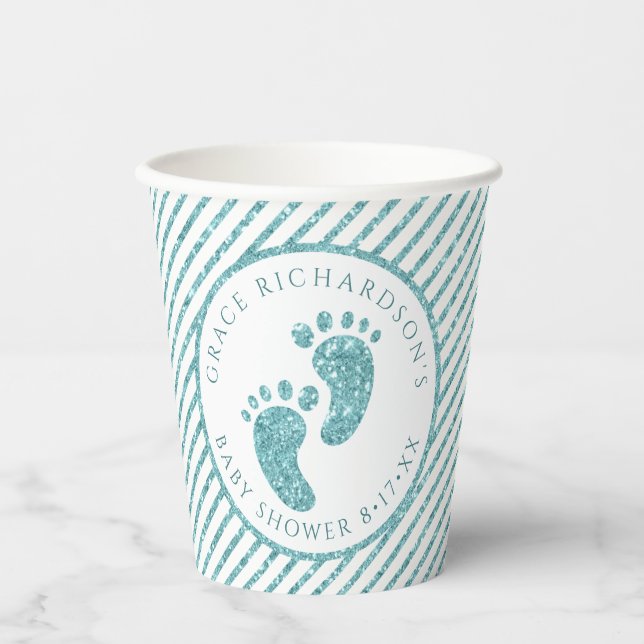 Teal Glitter Baby Feet Paper Cups | Personalized  (Front)