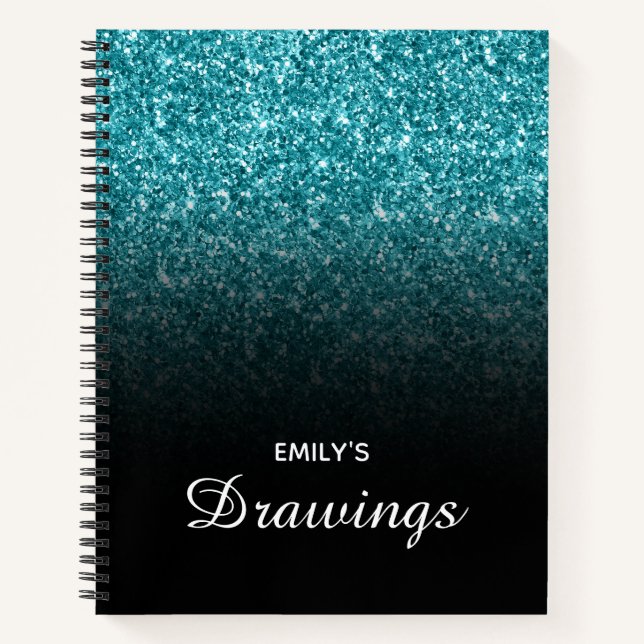 Teal Glitter Black Ombre Personalized Drawing Notebook (Front)