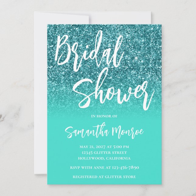 Teal Glitter Bright Turquoise Ombre Bridal Shower Invitation (Front)