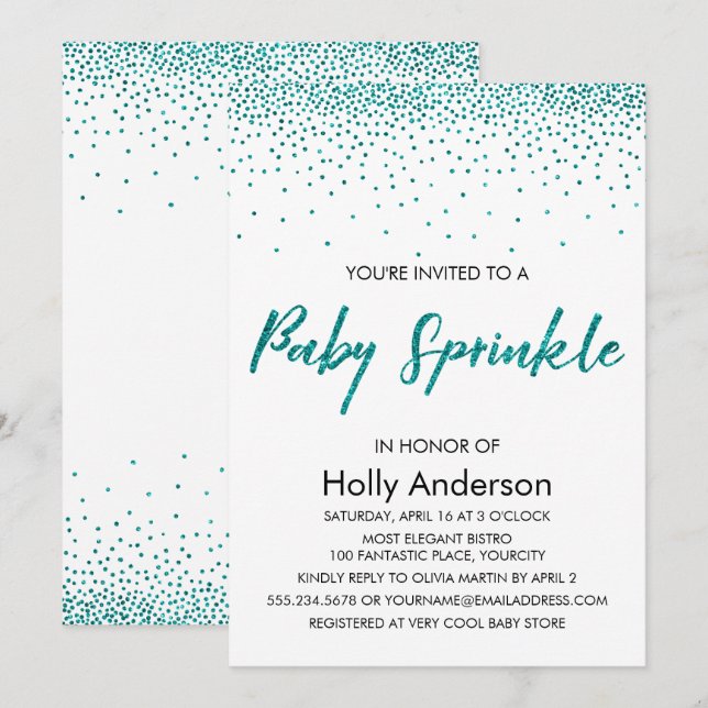 Teal Glitter Confetti & Typography Baby Sprinkle Invitation (Front/Back)
