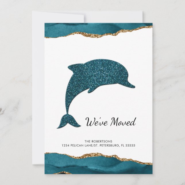 Teal Glitter Dolphin New Address Moving Announcement (Front)