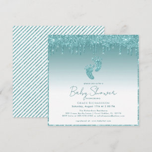Teal Glitter Drips Baby Shower Invitation 