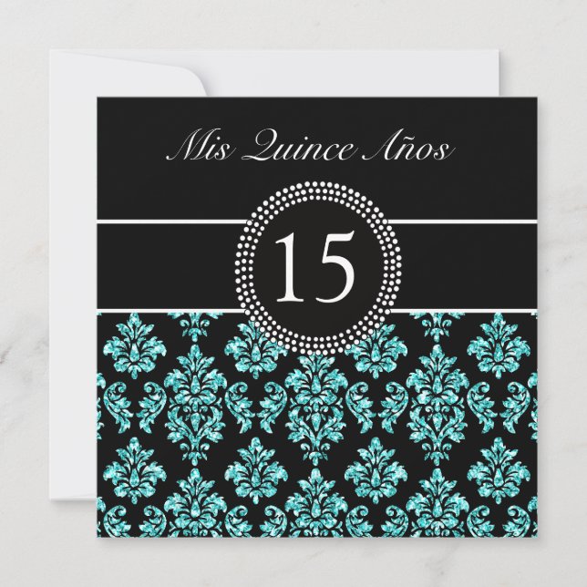 TEAL GLITTER EFFECT BLACK DAMASK QUINCEANERA INVITATION (Front)