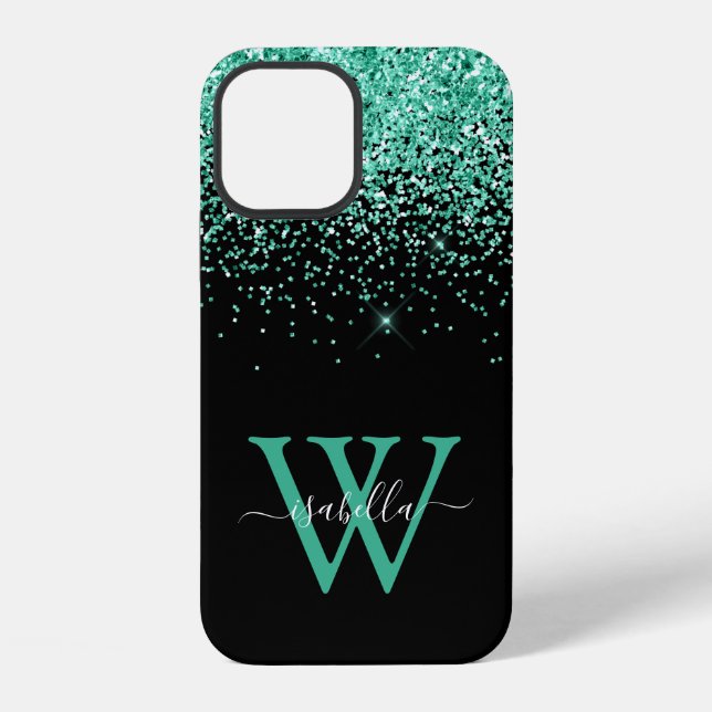Teal Glitter Elegant Script iPhone Case (Back)