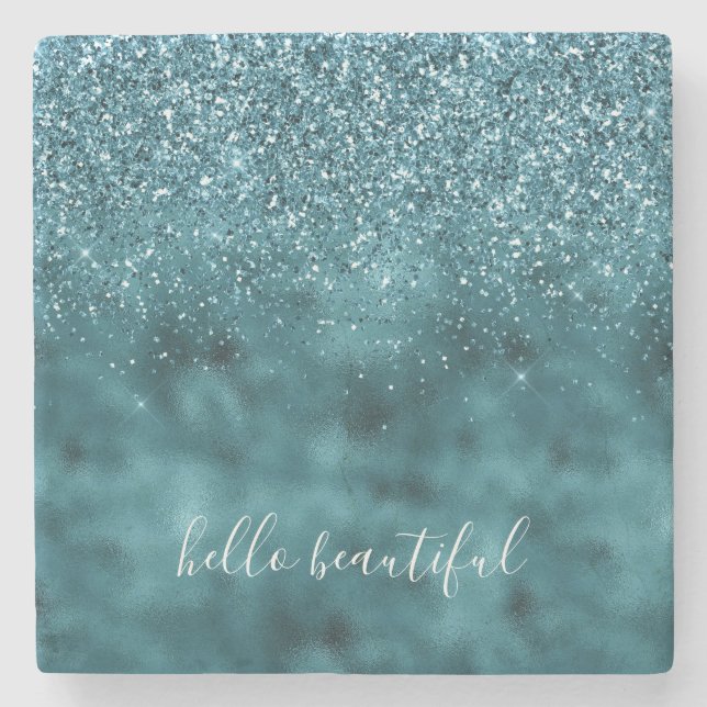 Teal Glitter Glitz sparkle glam personalized quote Stone Coaster (Front)
