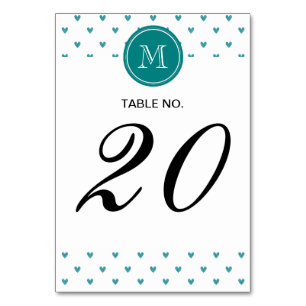 Teal Glitter Hearts with Monogram Table Number
