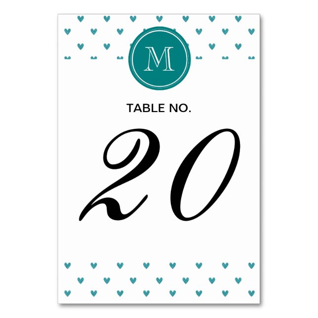 Teal Glitter Hearts with Monogram Table Number (Back)