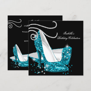Teal Glitter High Heels Black Birthday Party Invitation