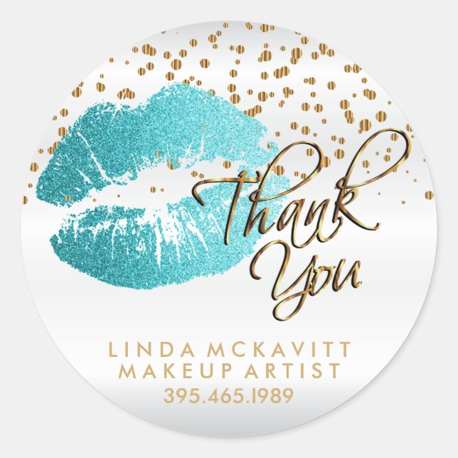 Teal Glitter Lipstick on White Satin - Thank You Classic Round Sticker (Front)