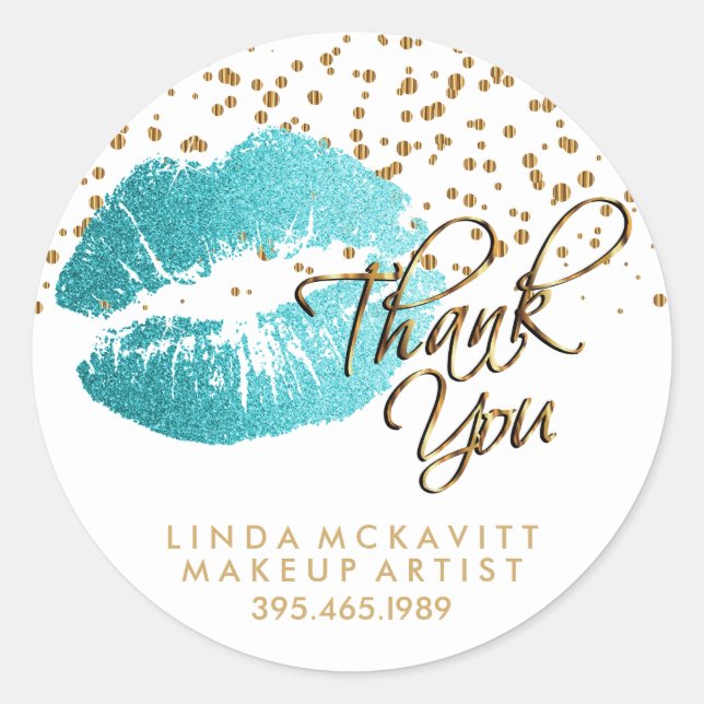 Teal Glitter Lipstick on White - Thank You Classic Round Sticker (Front)
