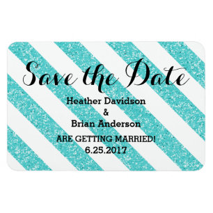 Teal Glitter Look Stripes Save the Date Magnet