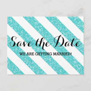 Teal Glitter Look Stripes Save the Date Postcard