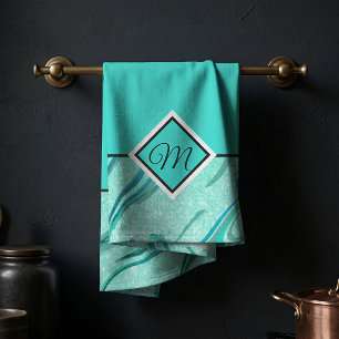 Teal glitter marble monogram kitchen towel