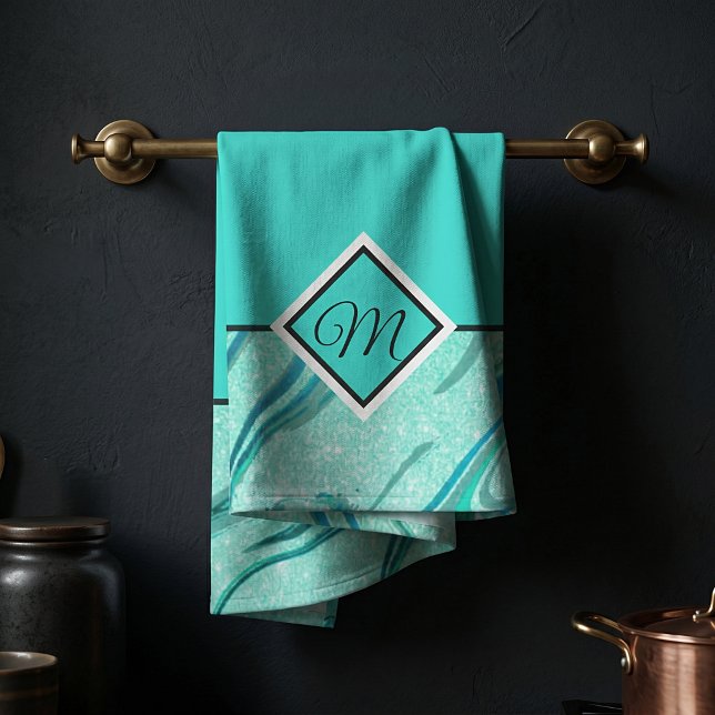 Teal glitter marble monogram kitchen towel (Creator Uploaded)