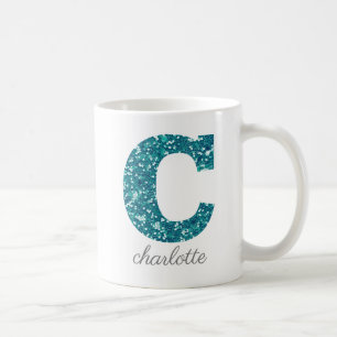 Teal Glitter Monogram C Personalized Coffee Mug