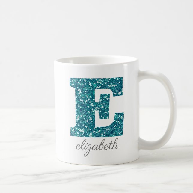 Teal Glitter Monogram E Personalized Coffee Mug (Right)
