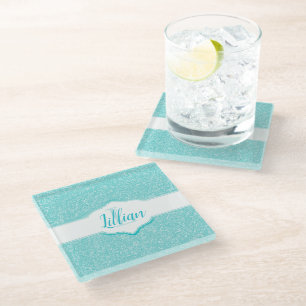 Teal Glitter Monogram Glass Coaster