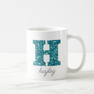 Teal Glitter Monogram H Personalized Mug