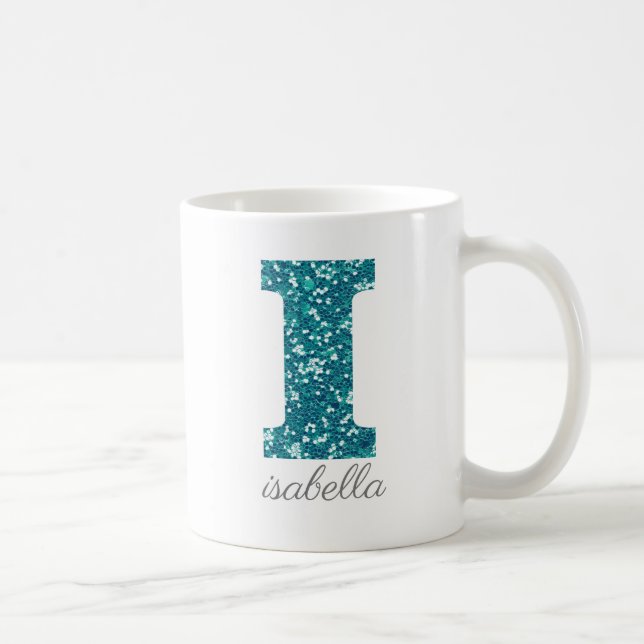 Teal Glitter Monogram I Personalized Mug (Right)