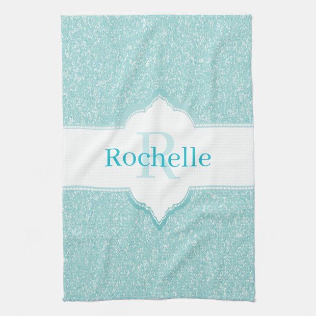 Teal Glitter Monogram Kitchen Towel (Vertical)