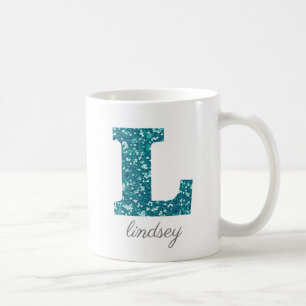 Teal Glitter Monogram L Personalized Mug
