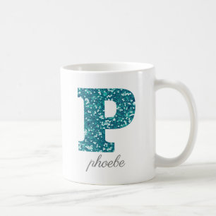 Teal Glitter Monogram P Personalized Mug