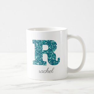 Teal Glitter Monogram R Personalized Mug
