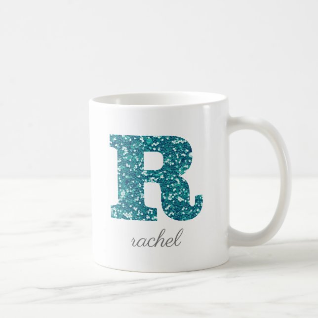 Teal Glitter Monogram R Personalized Mug (Right)