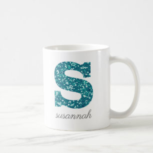 Teal Glitter Monogram S Personalized Mug