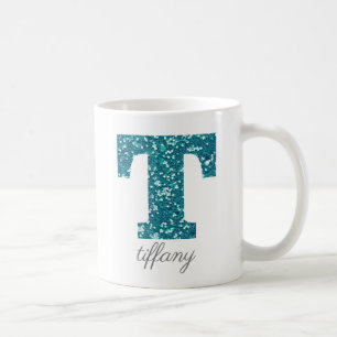 Teal Glitter Monogram T Personalized Coffee Mug