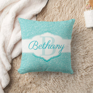 Teal Glitter Monogram Throw Pillow