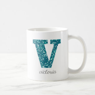 Teal Glitter Monogram V Personalized Mug