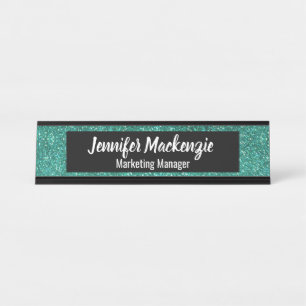 Teal Glitter Office Desk Sign