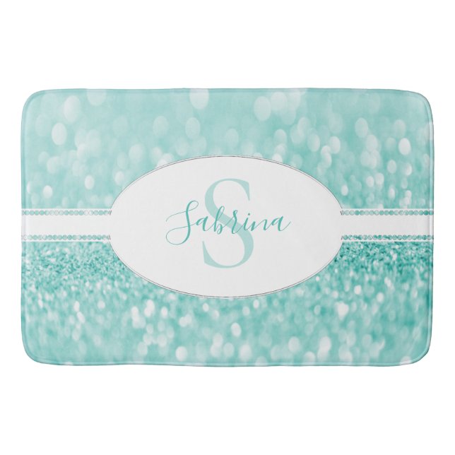 Teal Glitter Personalize Bath Mat (Front)