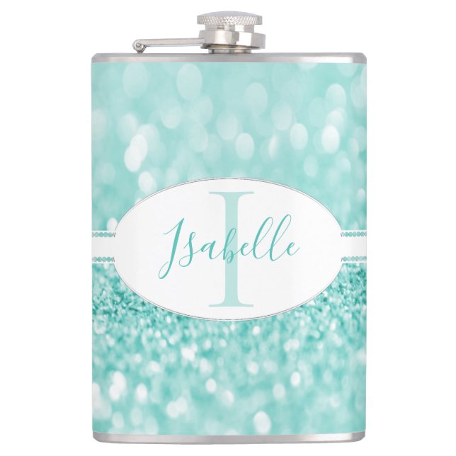 Teal Glitter Personalize Flask (Front)