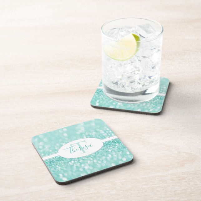 Teal Glitter Personalize Plastic Coaster (Right Side)
