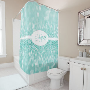 Teal Glitter Personalize Shower Curtain