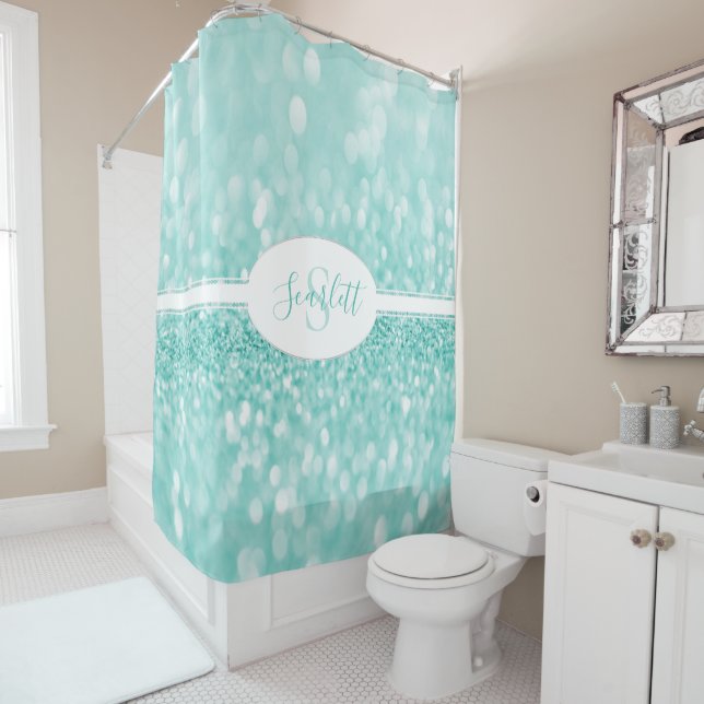 Teal Glitter Personalize Shower Curtain (In Situ)