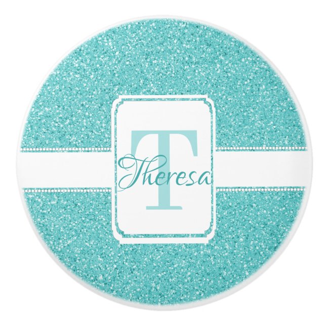 Teal Glitter Personalized Ceramic Pull (Front)