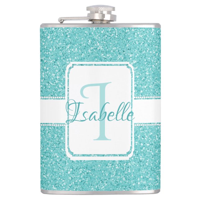 Teal Glitter Personalized Flask (Front)