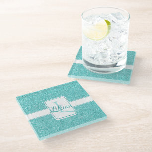 Teal Glitter Personalized Glass Coaster