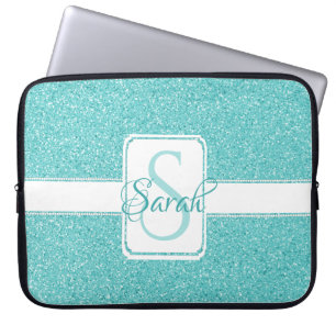 Teal Glitter Personalized Laptop Sleeve